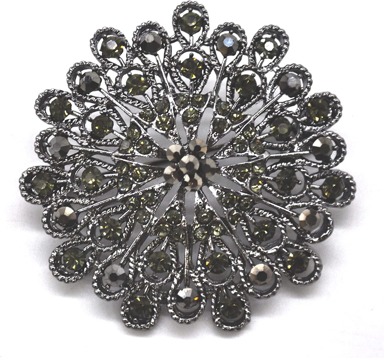 Belagio Rhinestone Brooch, 3" Diameter, 1 Piece, Peacock Medallion, Black/Metal Gray